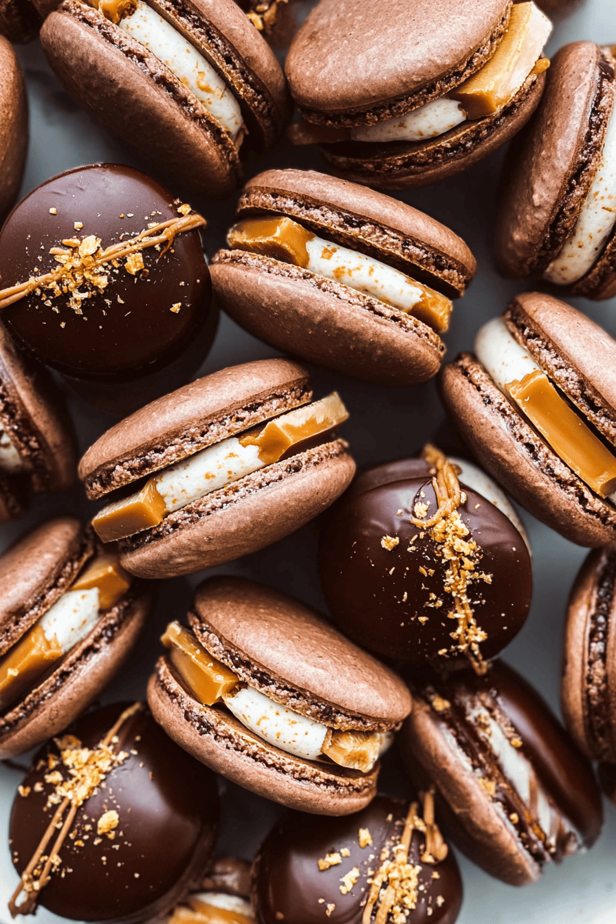 Snickers Macarons Recipe With Creamy Peanut Butter And Chocolate Filling 7 Snickers Macarons