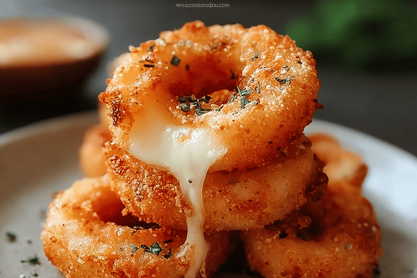 Mozzarella Stick And Onion Rings Recipe For Crispy, Cheesy Snacks 6 Cheesy Stuffed Mozzarella Onion Rings