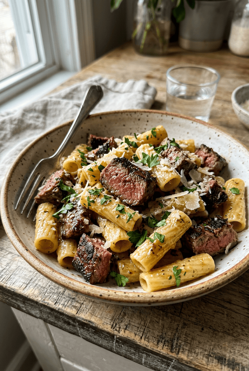 Garlic Butter Steak Bites With Creamy Mozzarella Rigatoni 🥩🧄🧀 6 Garlic Butter Steak Rigatoni