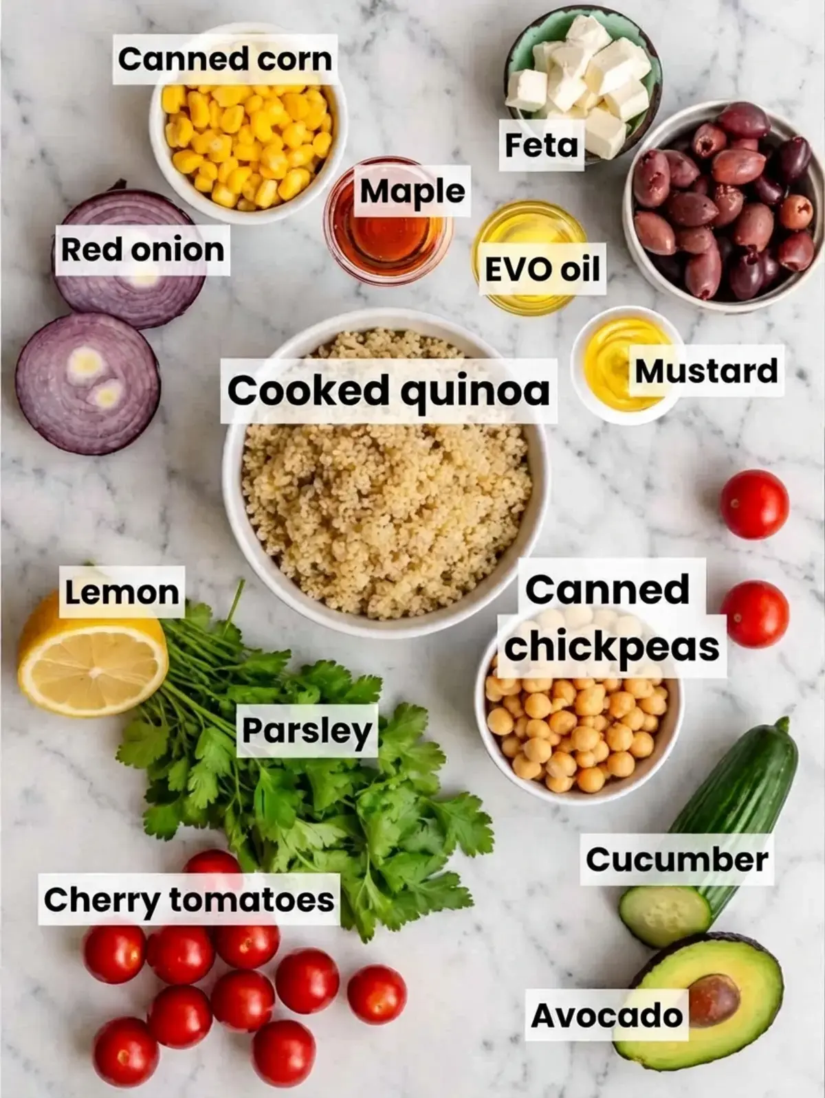 Mediterranean Quinoa Chickpea Salad With Feta And Fresh Vegetables 17 Quinoa Chickpea Salad, Ingredients